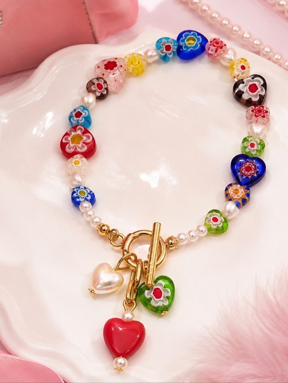 Y2K Gold Millefiori Bead Heart Flower❤️5 In 1 Bag Charm Car Keychain Wristlet